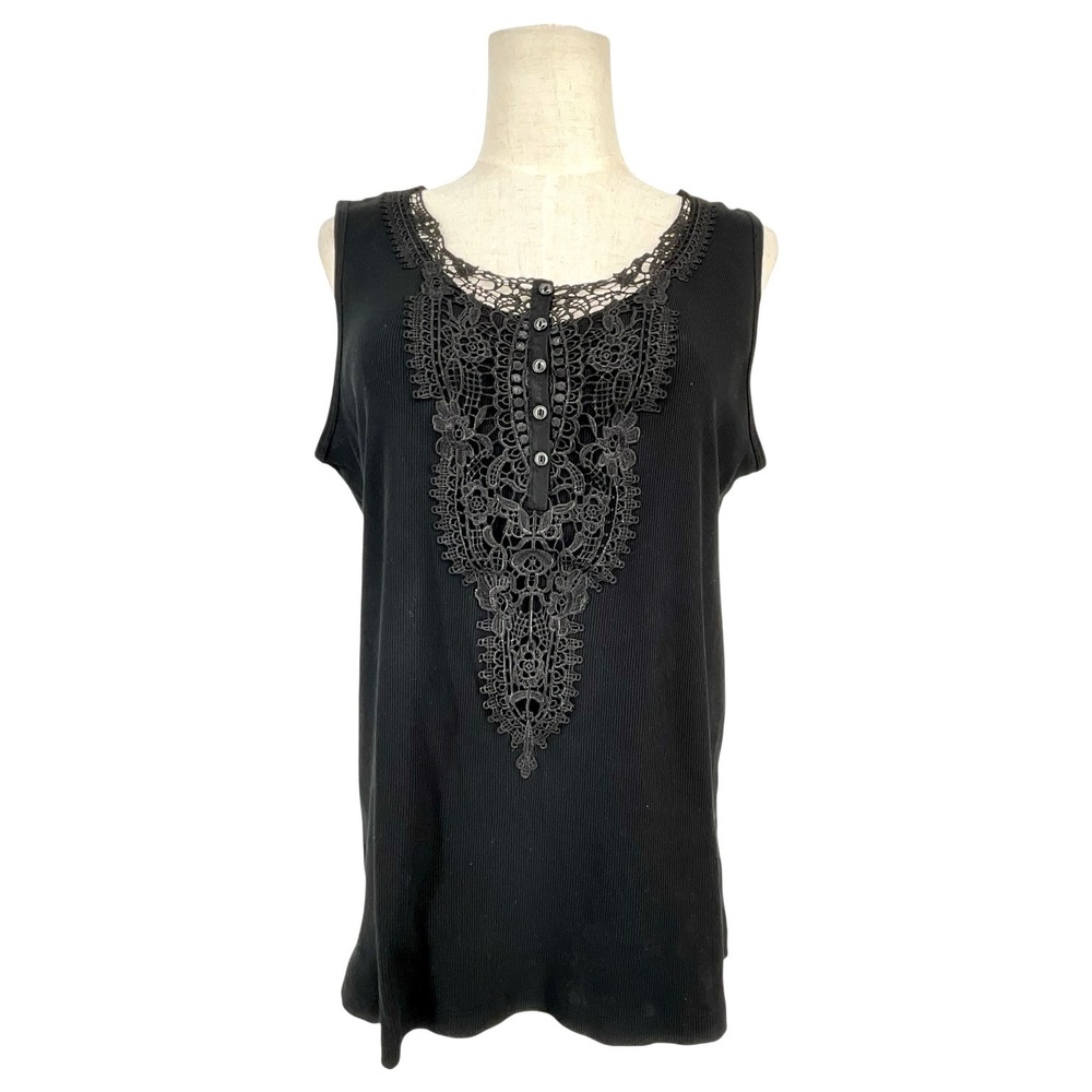 Lauren Ralph Lauren Womens 1X Black Ribbed Cotton Lace Bib Sleeveless Top